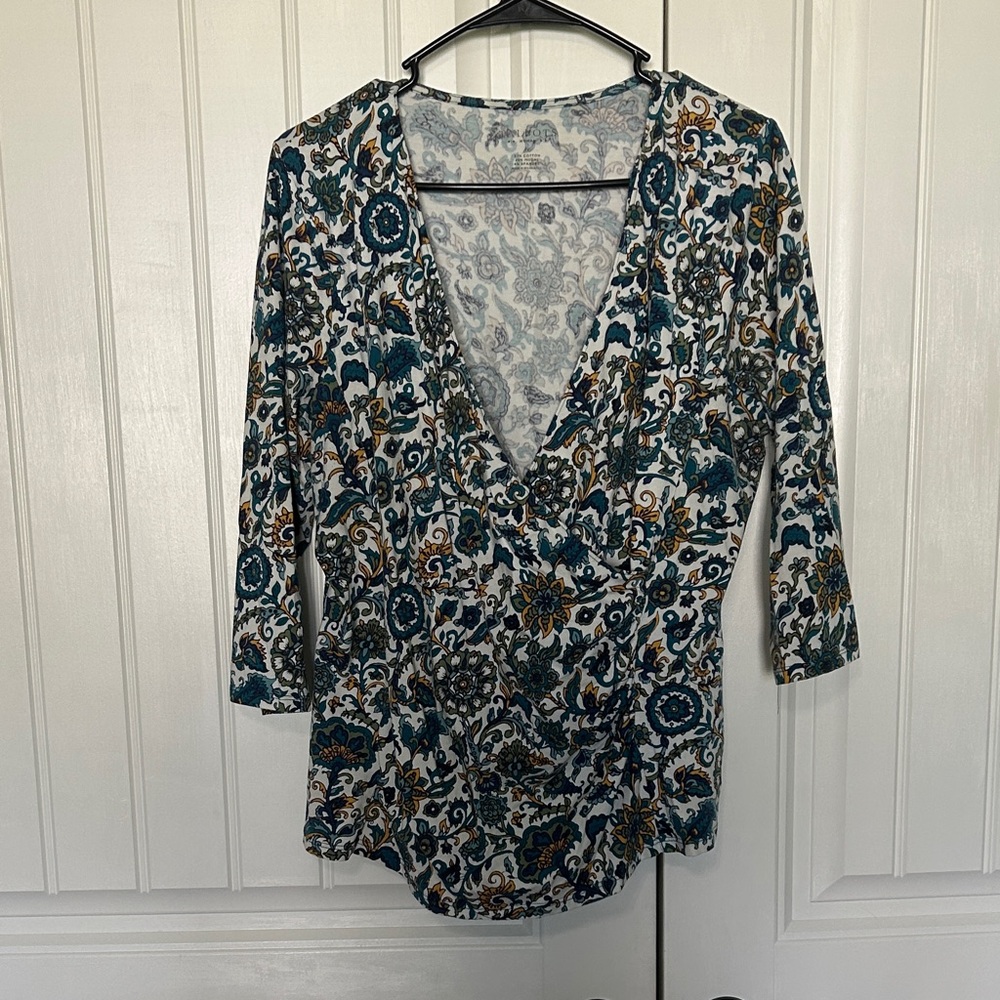 Talbots Teal and Gold Floral V-Neck Blouse